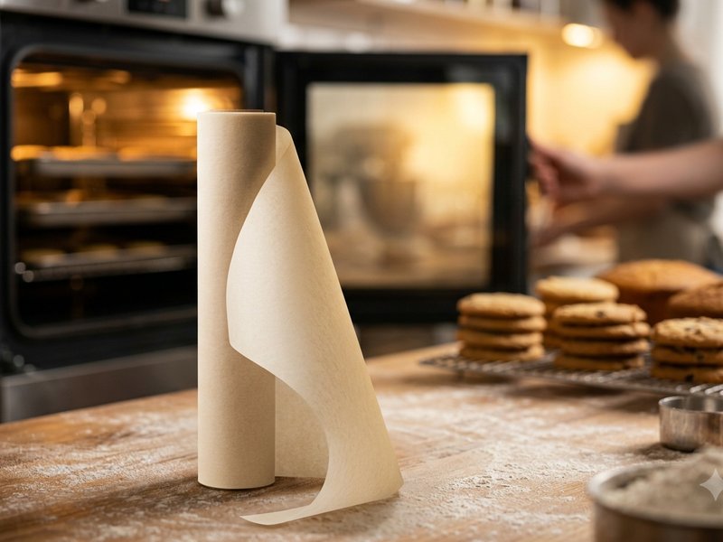 Baking parchment roll standing on flour-dusted counter, baker at open oven