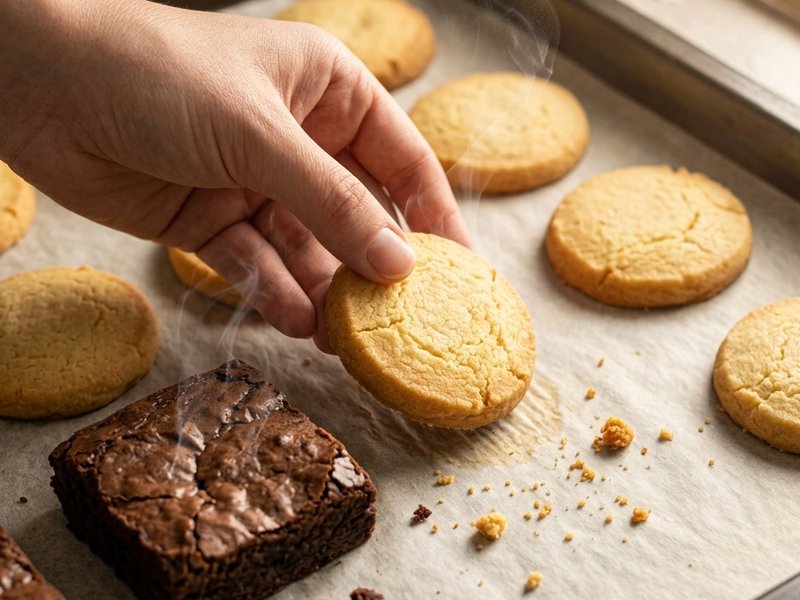 Cookies and brownie on parchment-lined tray, hand lifting cookie, steam rising