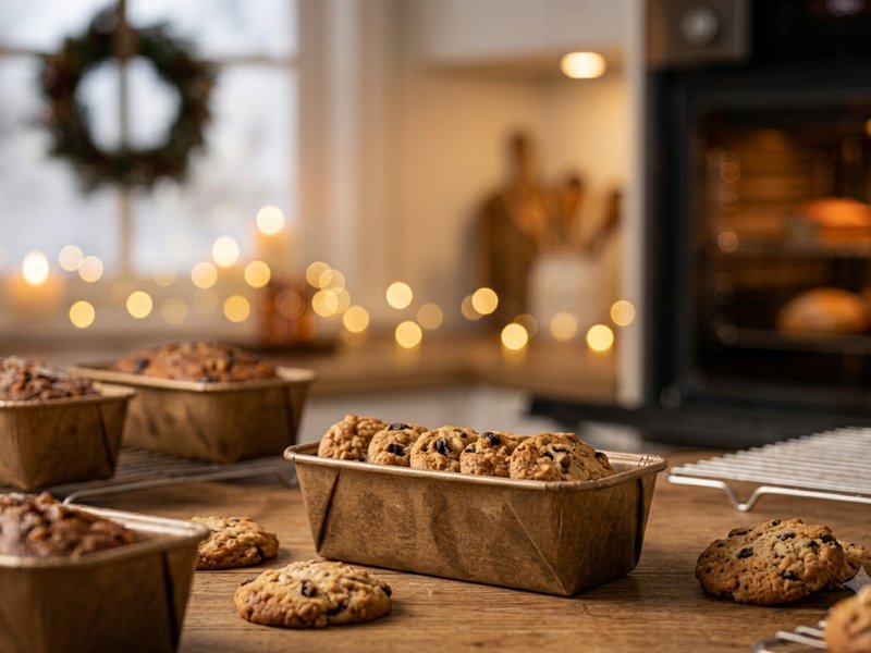 Gold paper baking moulds with plum cakes and cookies, festive kitchen scene