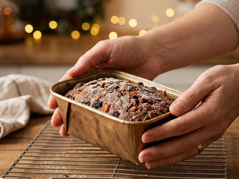 Hands holding freshly baked plum cake in gold loaf paper mould on wire rack