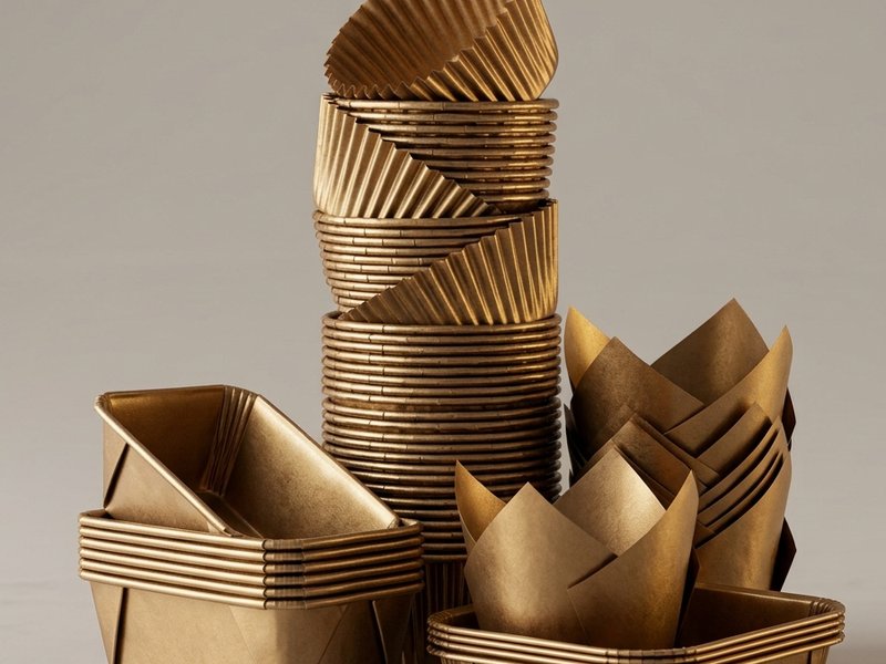 Stacked gold paper baking moulds — round, tulip and rectangular formats