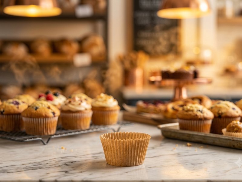 Empty paper cup on marble counter, bakery trays and muffins behind
