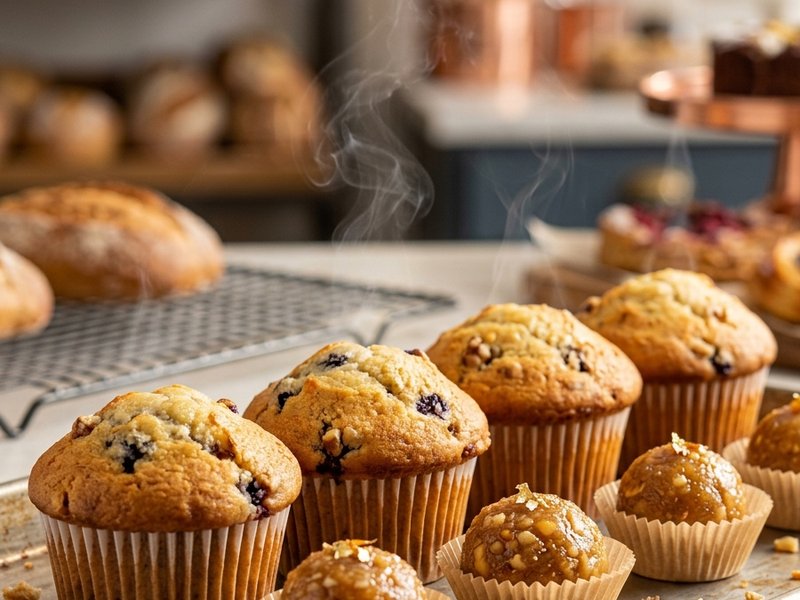 Muffins and ladoos in paper cups on baking tray, steam rising