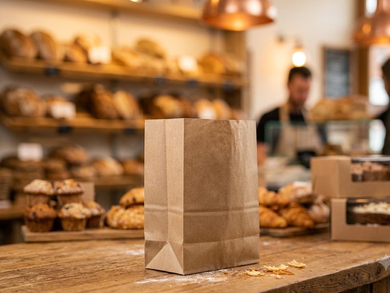 V bottom paper bag on bakery counter with breads and pastries behind