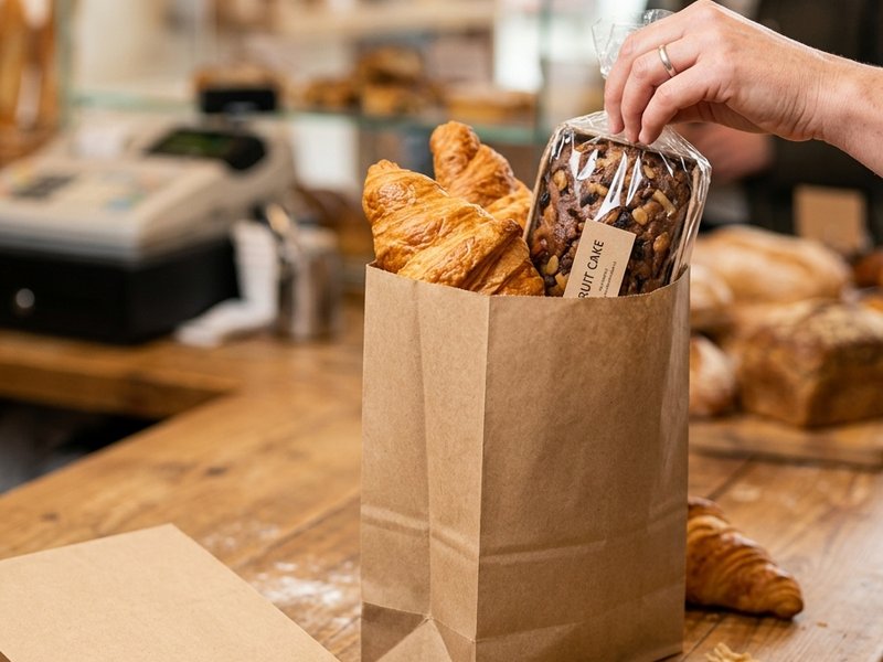 V bottom paper bag filled with croissants and fruit cake, hand reaching in