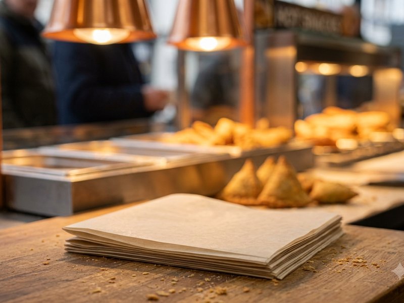Stack of greaseproof paper sheets on counter, samosas and hot snacks behind