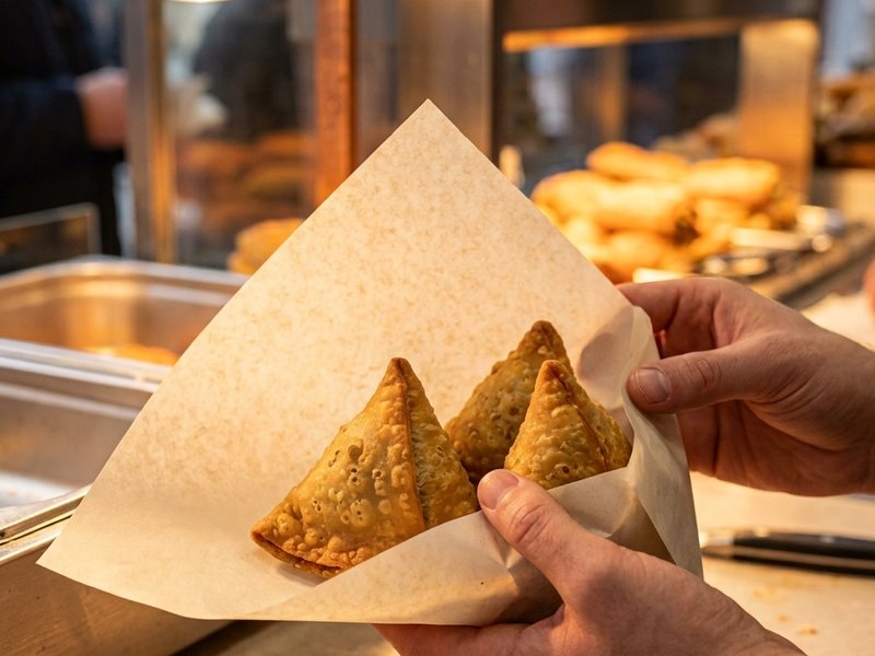 Samosas wrapped and held in greaseproof paper at hot snack counter